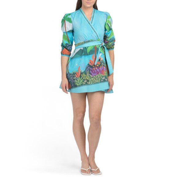 CELINA MOON Multi Three-quarter Sleeve Wrap Tropical Print Mini Dress